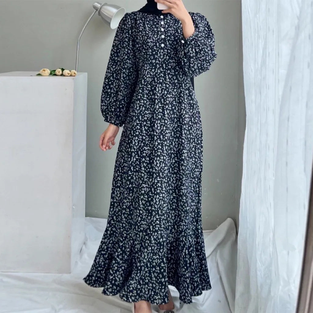 Dress Vintage Ruffles Hem Sundress Robe Femme Turkey Vestido Kaftan