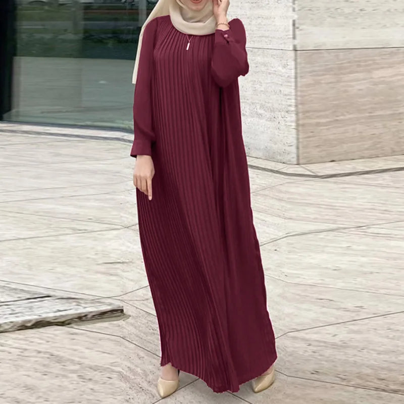 Dresses Women Muslim O-Neck Long Sleeve Belted Pleated Maxi Dress Elegant Loose Abaya Robes