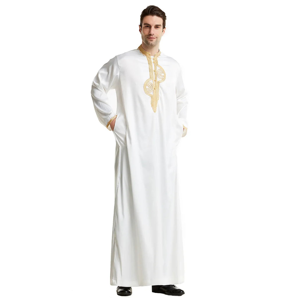 Men's Fashion Embroidered Long Robe Muslim Jubba Thobe Stand Collar Long Sleeve Daily Wear Polyester Spring Autumn