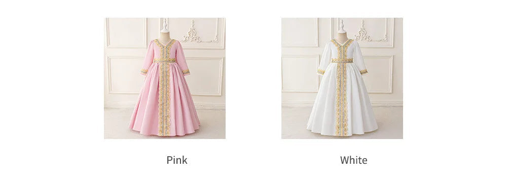 Middle Eastern Arabian Kids Robe Splice Embroidered Belt Dress Muslim Long Sleeve Abayas Dubai Islam Girls Lace Dress Party Gown
