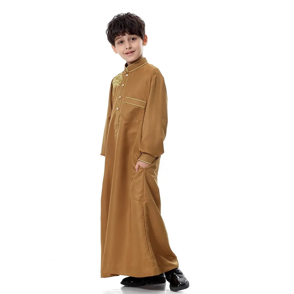 2025 New Kids Robe Children Embroidery Outfit Boys Ramadan Thawb Teens Long Sleeve National Clothes Arab Muslim Thobe 5-12 Years