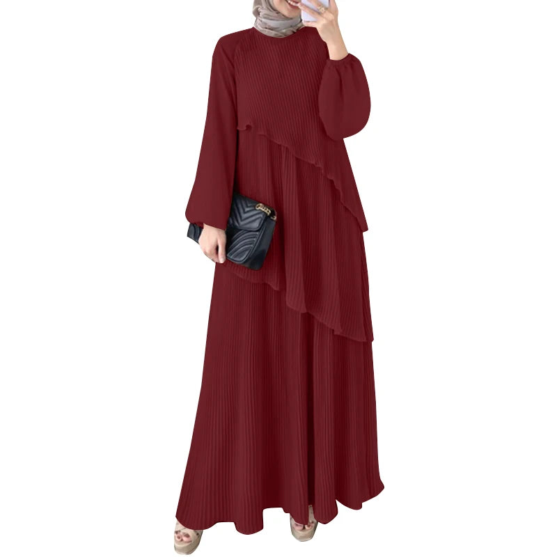 Sleeve Abaya Robes Women Plisse Layered Elegant Maxi Dress Muslim Fashion Islamic Hijab Pleated Dress