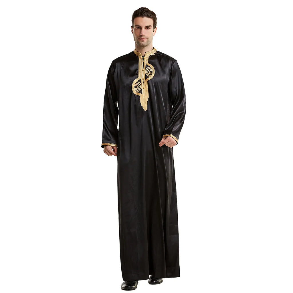 Men's Fashion Embroidered Long Robe Muslim Jubba Thobe Stand Collar Long Sleeve Daily Wear Polyester Spring Autumn