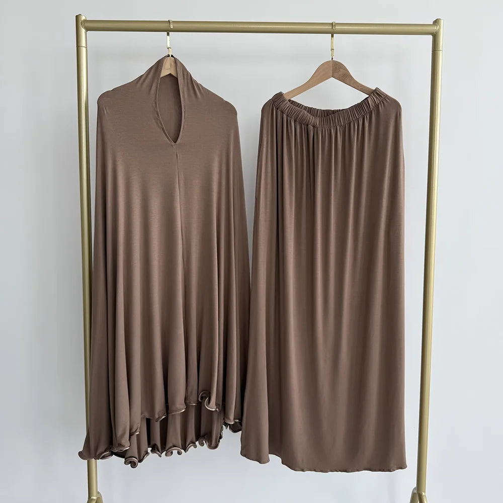 Cotton Jersey Prayer Set Stretchy EID Ramadan Islam Muslim Women Satin Rope Instant Hijab Khimar Skirt Pockets 2 Piece Jilbab