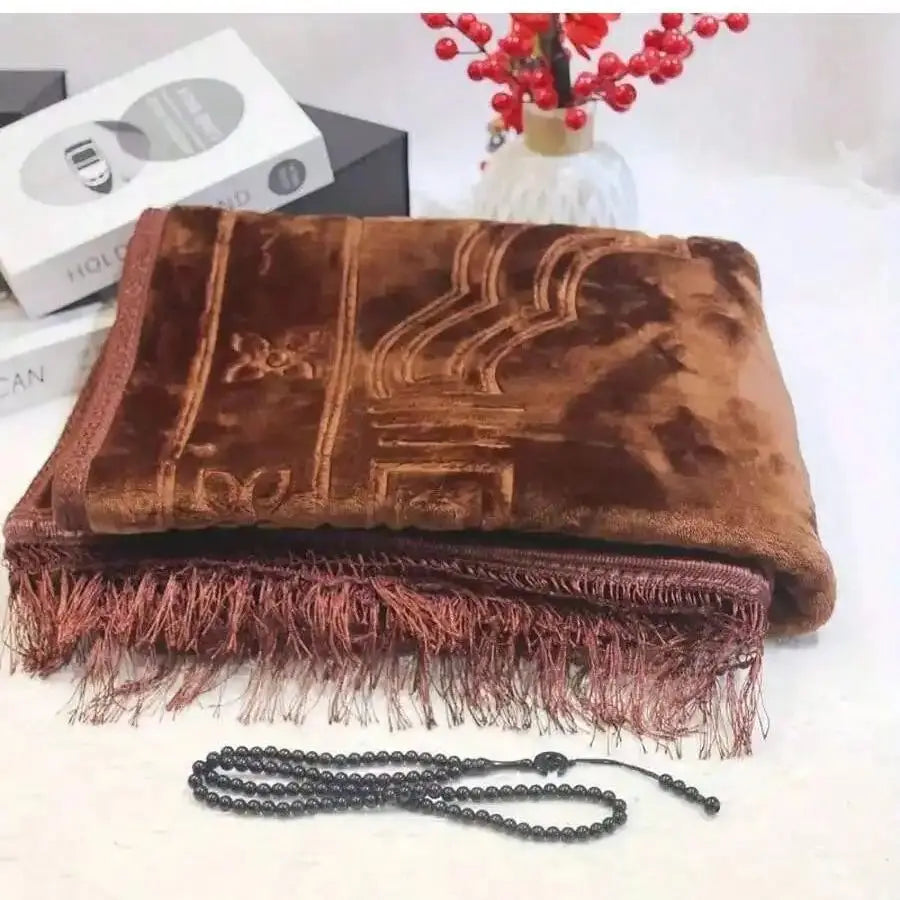 Prayer Rug Muslim Velvet Mat Islamic Thick Large Padded 80cm*120cm for Men Women with Prayer Beads Eid Travel Ramadan Gift