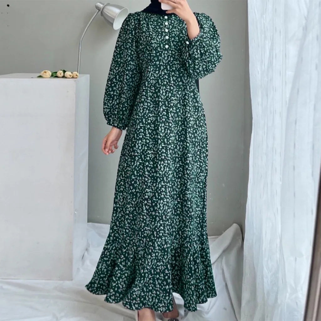 Dress Vintage Ruffles Hem Sundress Robe Femme Turkey Vestido Kaftan
