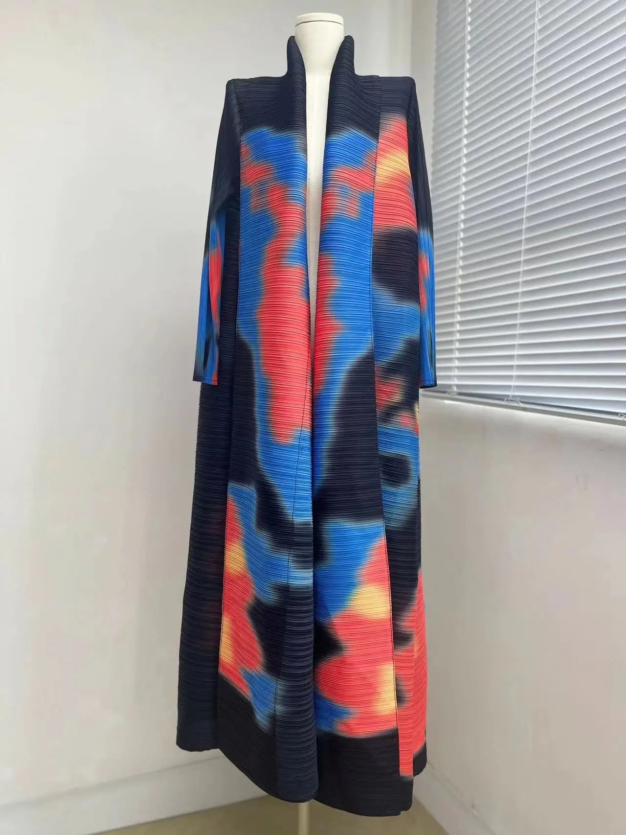 Miyake Pleated Women's Long Cardigan Windbreaker Coat Autumn New Ethnic Style Printing Loose Plus Size Dress Cloak Robe