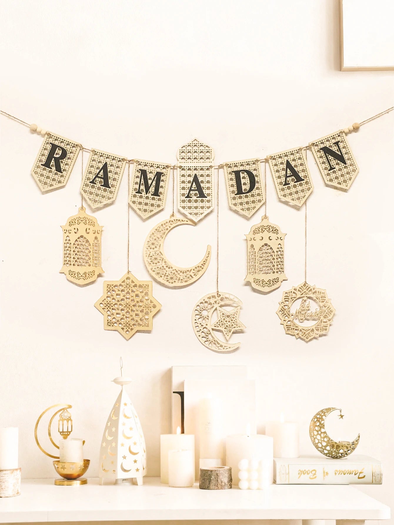 Ramadan Kareem Wooden Banner Garland - Islamic Moon Star Lantern Hanging Decor for Muslim Festival Home Party Wall Ornament Gift