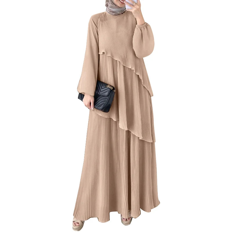 Sleeve Abaya Robes Women Plisse Layered Elegant Maxi Dress Muslim Fashion Islamic Hijab Pleated Dress