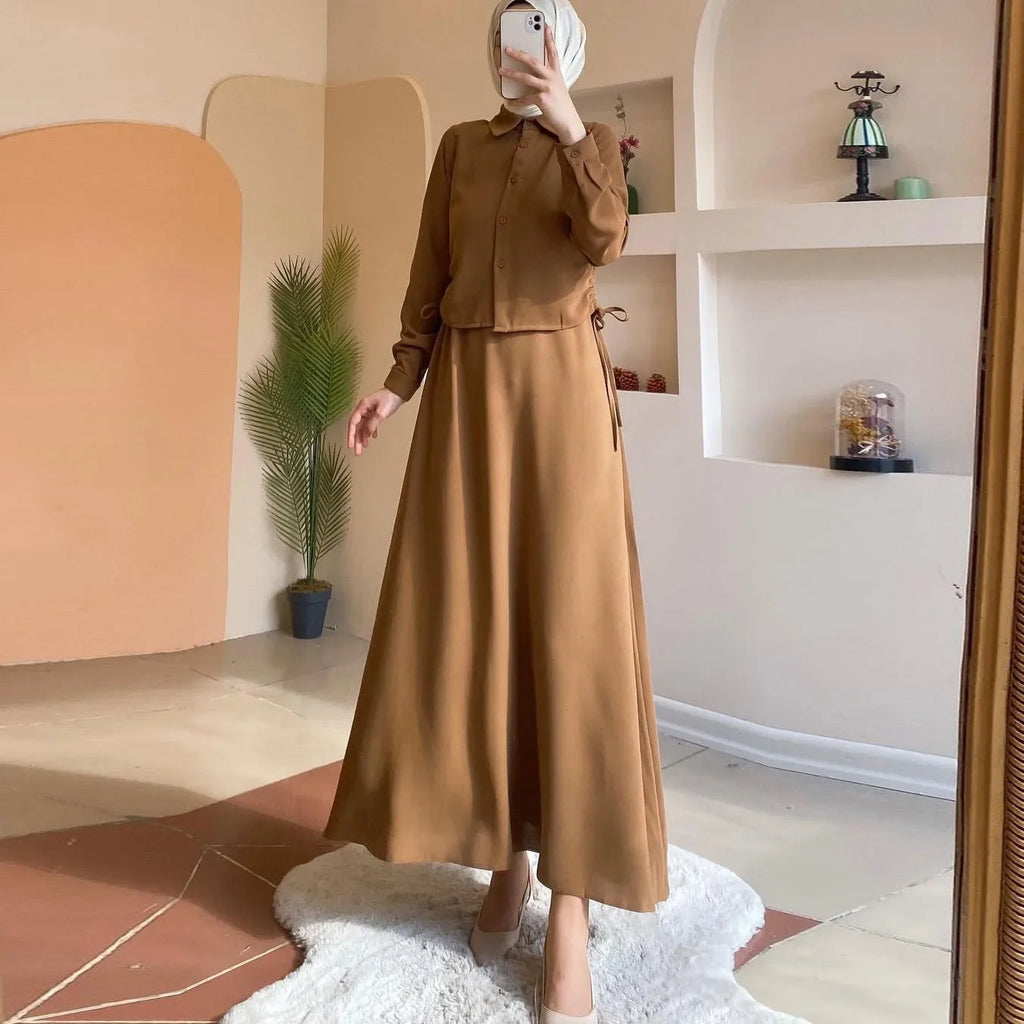 Elegant Long Sleeve Muslim Arab Women's Shirt And Midi Skirt Set Fashionable Modesty Style Women's Clothing from China