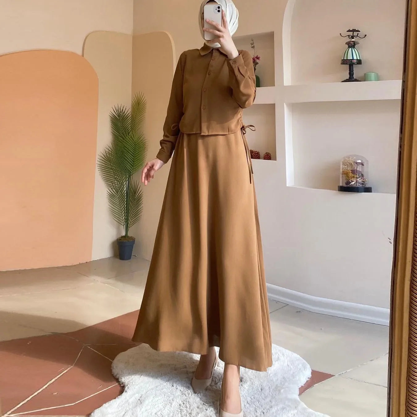 Elegant Long Sleeve Muslim Arab Women's Shirt And Midi Skirt Set Fashionable Modesty Style Women's Clothing from China