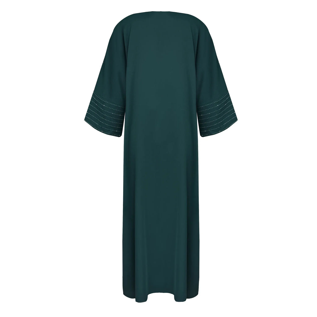 Elegant Long Sleeve Open Cardigan Middle East Fashion Loose Women's Muslim Polyester Fabric Glitter Diamond Patchwork Dark Bu...