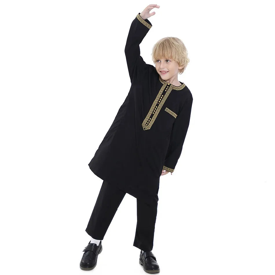 Ramadan Eid Muslim Boys Clothing Set Arab Thobe 2-Piece Outfit Long Sleeve Traditional for Kids Summer National Festival Costume