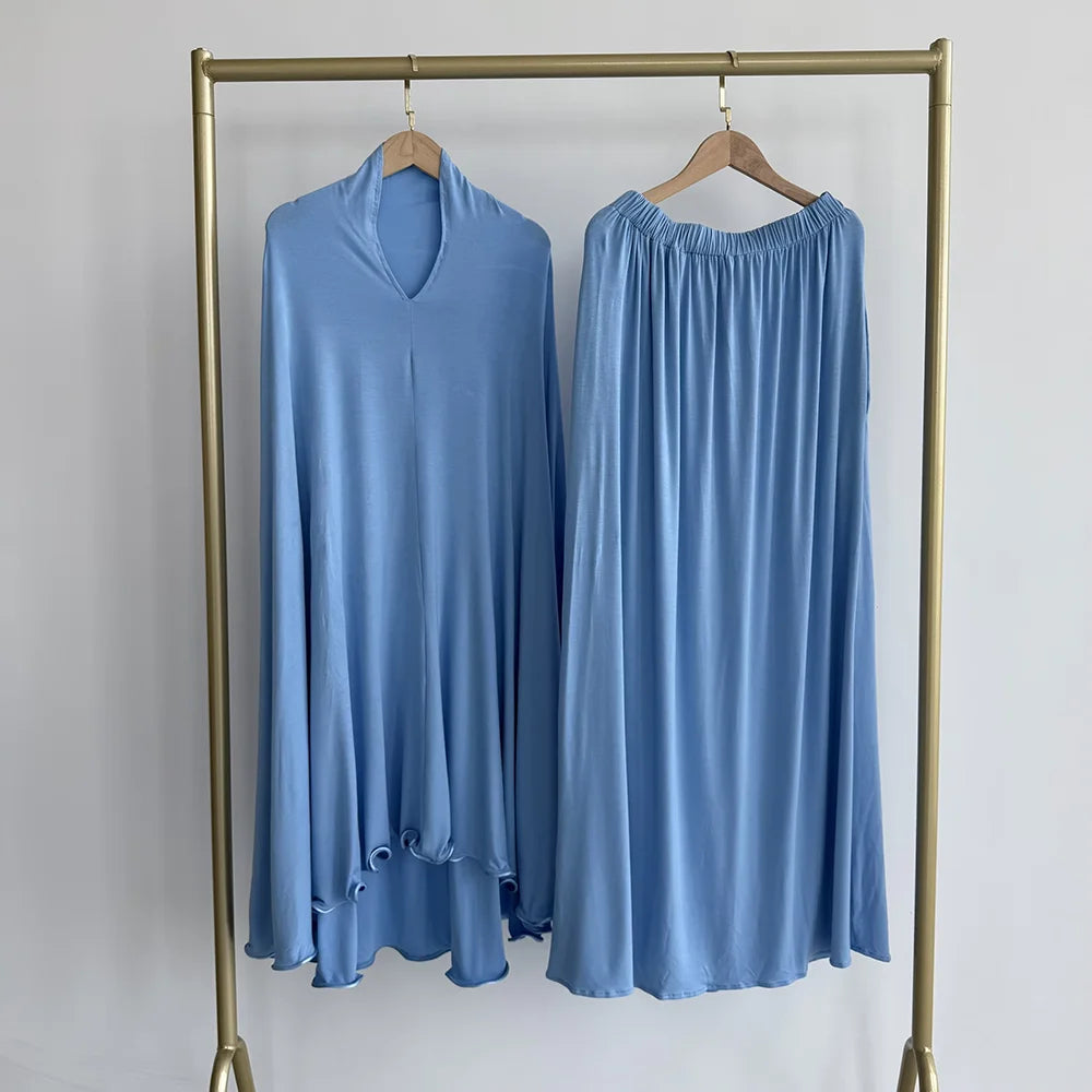 Cotton Jersey Prayer Set Stretchy EID Ramadan Islam Muslim Women Satin Rope Instant Hijab Khimar Skirt Pockets 2 Piece Jilbab