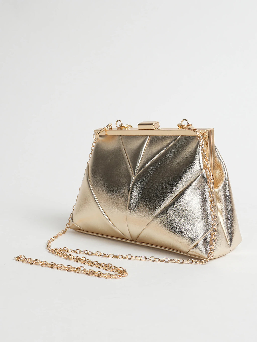 1 PC Matallic PU Leather Elegant Pleated Kiss-Lock Closure Evening Bag,Shinny Metal Chain Holder Frame Cross Body Clutch Bag,Kis