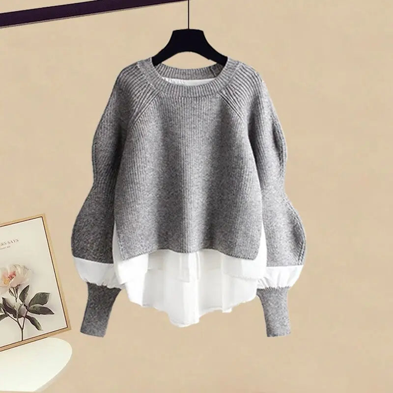 Spring/Autumn New Korean Elegant Splice Fake Two Piece Knitted Sweater Dress
