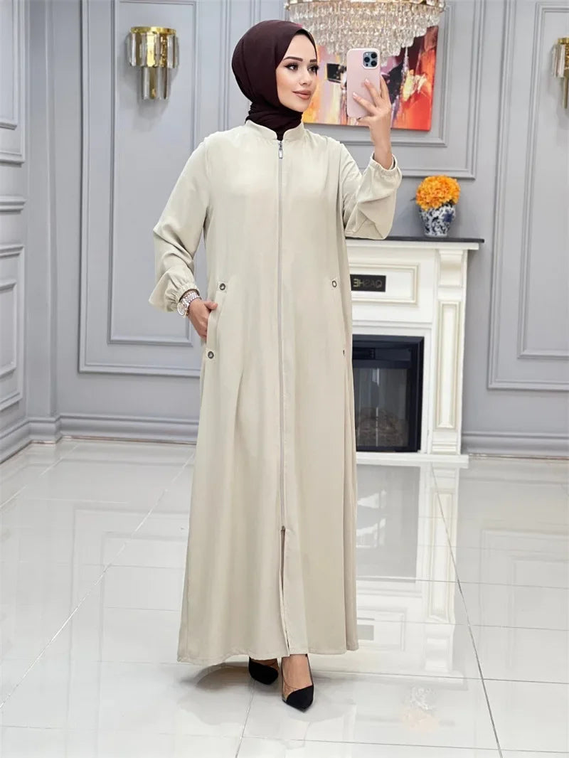 Middle East Dubai New Hot Sale Of The Season Women's Fashion Stand Collar Zipper Pocket Loose Casual Dress Gown Comfortable Eleg