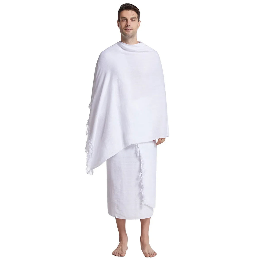 2Pcs White Ihram Pilgrimage Towel For Muslim Arab Mecca Hajj Clothes Men Islamic Ramadan Prayer Worship Costumes Shawl Jubba Set