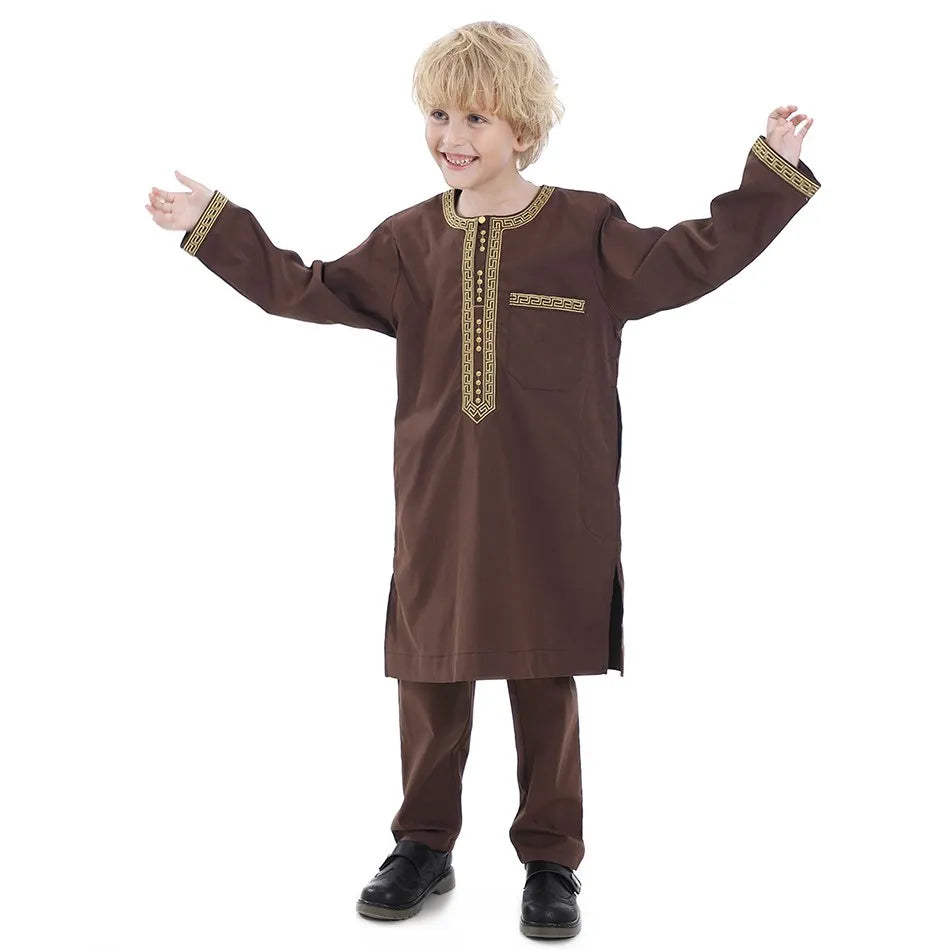 Ramadan Eid Muslim Boys Clothing Set Arab Thobe 2-Piece Outfit Long Sleeve Traditional for Kids Summer National Festival Costume