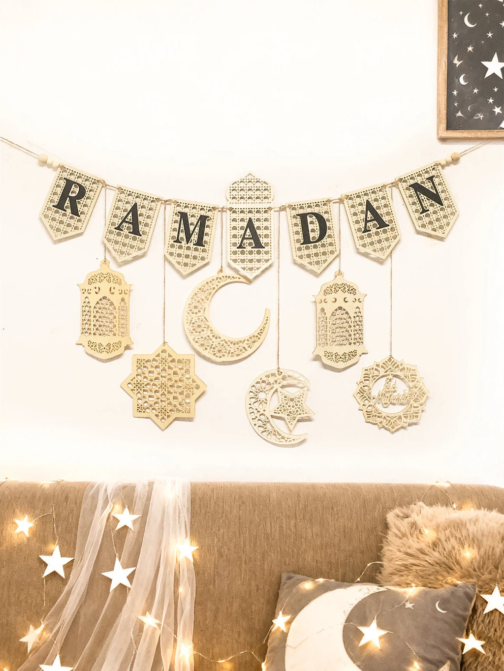 Ramadan Kareem Wooden Banner Garland - Islamic Moon Star Lantern Hanging Decor for Muslim Festival Home Party Wall Ornament Gift