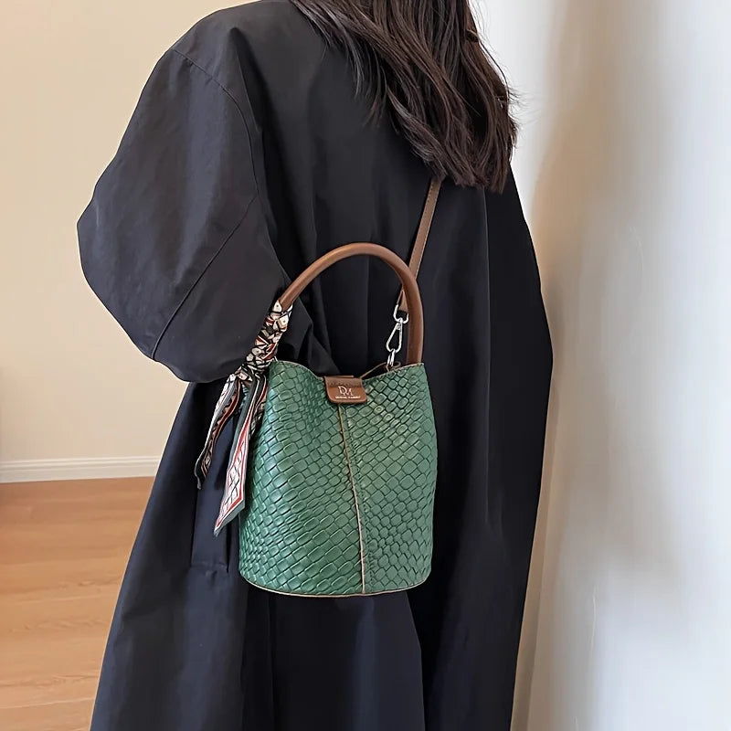Fashionable Women's Bucket Bag, Stylish Solid Color Woven Effect Handbag Shoulder Bag and Crossbody Bag, Can Be Carried By Hand