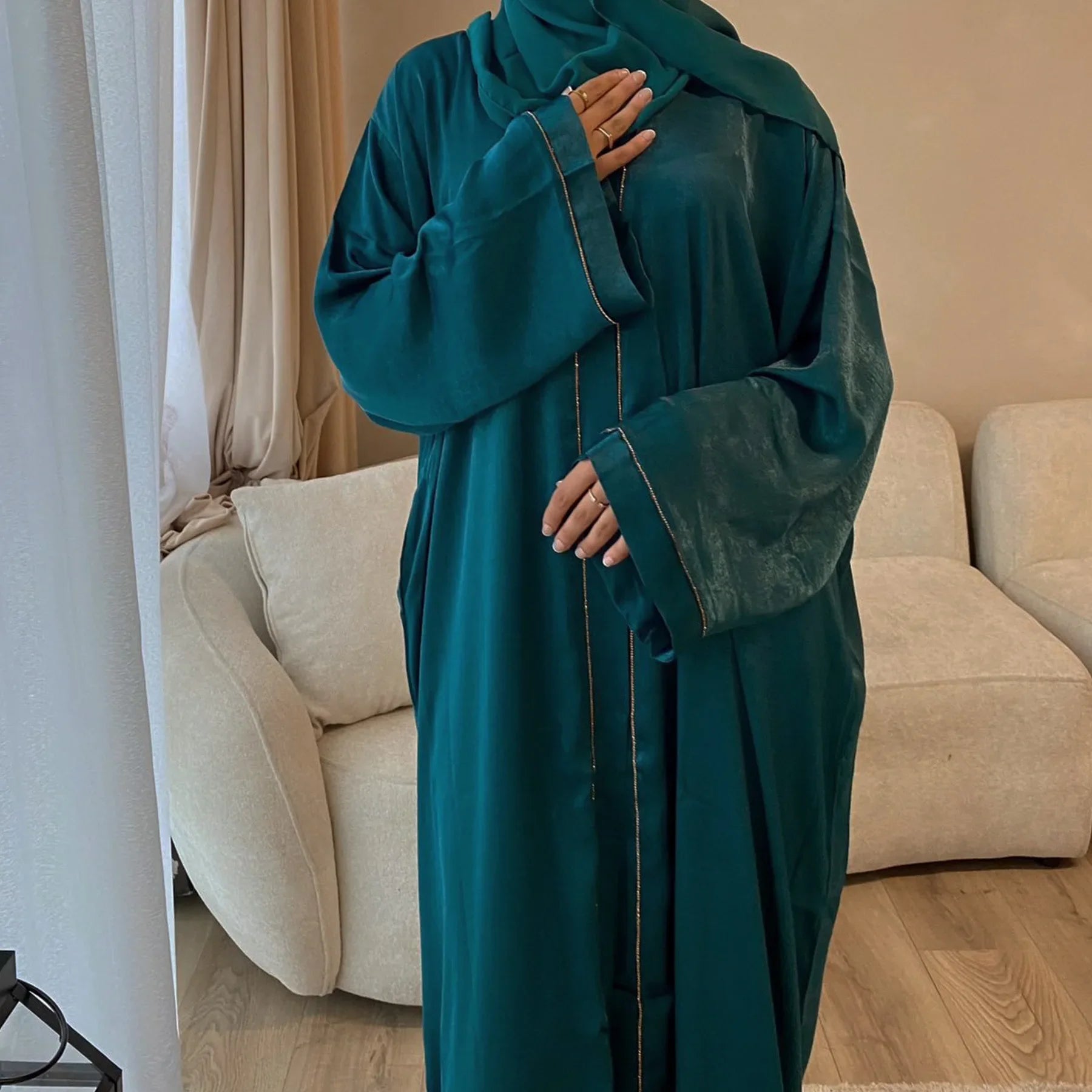 Muslim Modest Cardigan for Women Eid Arab Abaya Dubai Dress Islamic Daily Long Sleeve Clothing Turkey Solid Color Coat Robe