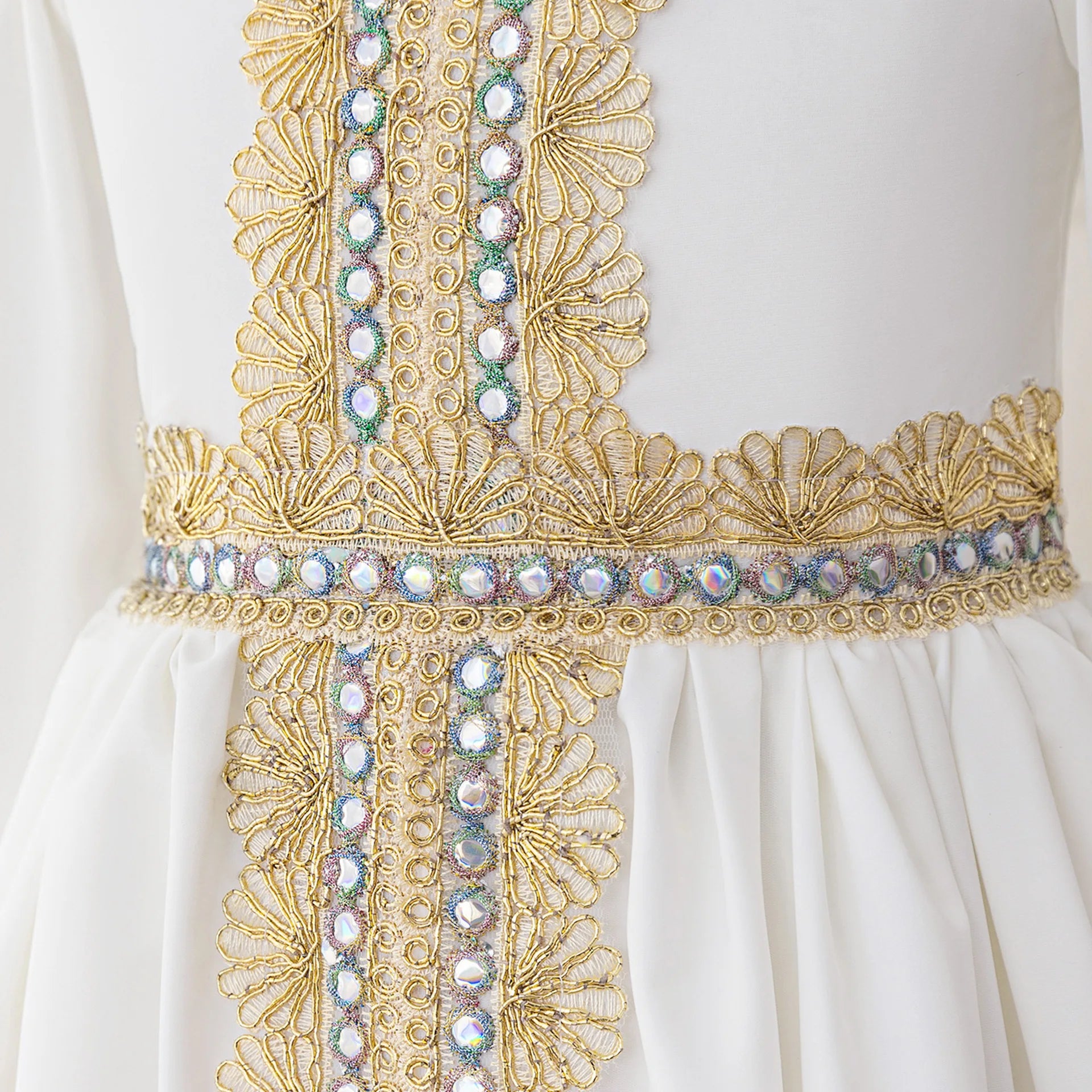 Middle Eastern Arabian Kids Robe Splice Embroidered Belt Dress Muslim Long Sleeve Abayas Dubai Islam Girls Lace Dress Party Gown