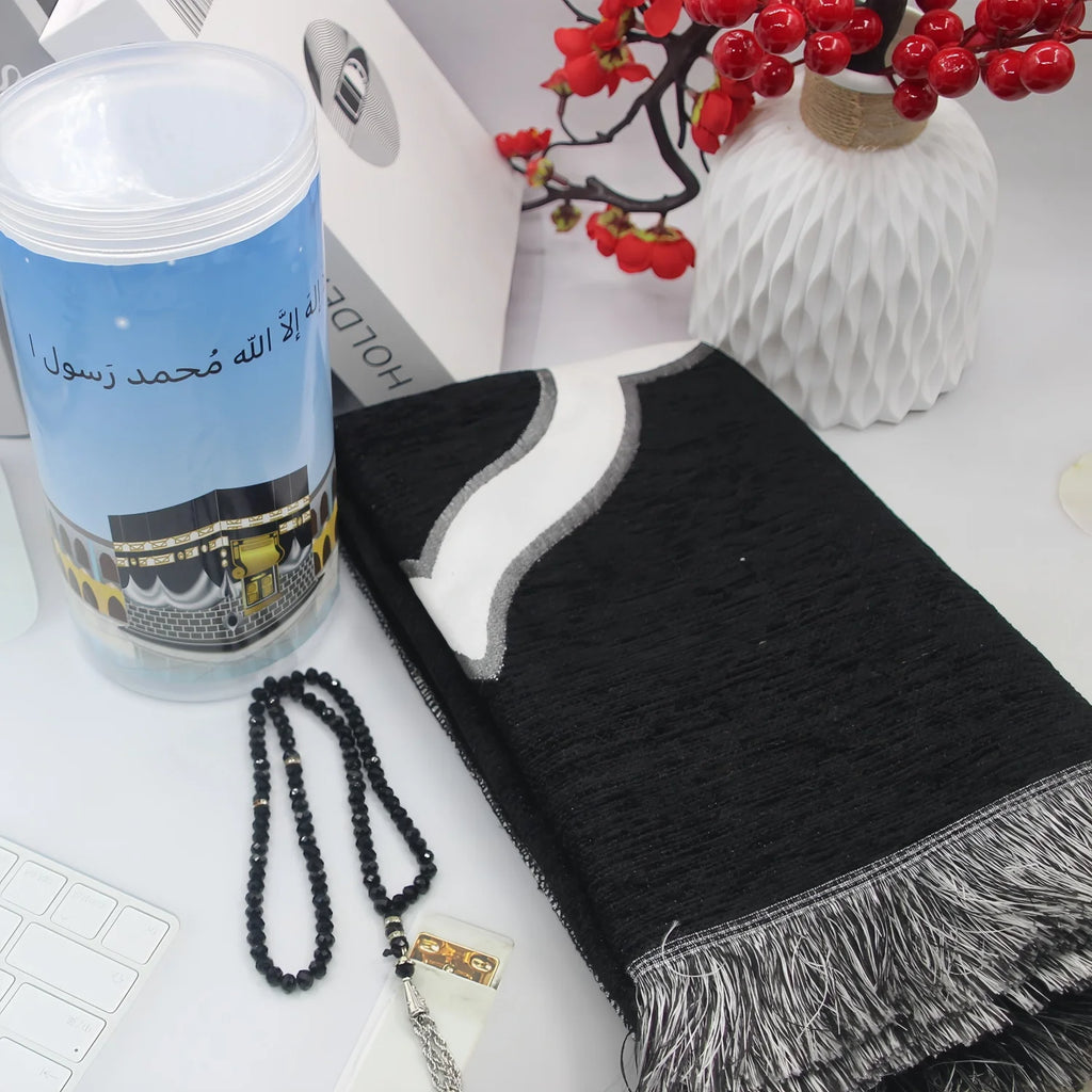 Muslim Prayer Rug and Prayer Beads with Elegant Design Cylinder Gift Box  Islamic Gifts Set Carpet Mat Soft Fabric Black