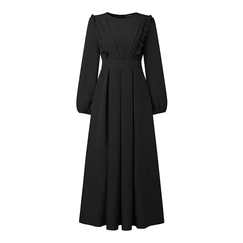 Dresses Modest Ruffles Trim O-Neck Lantern Sleeve Tied-Back Maxi Dress Muslim Woman Clothes 3XL