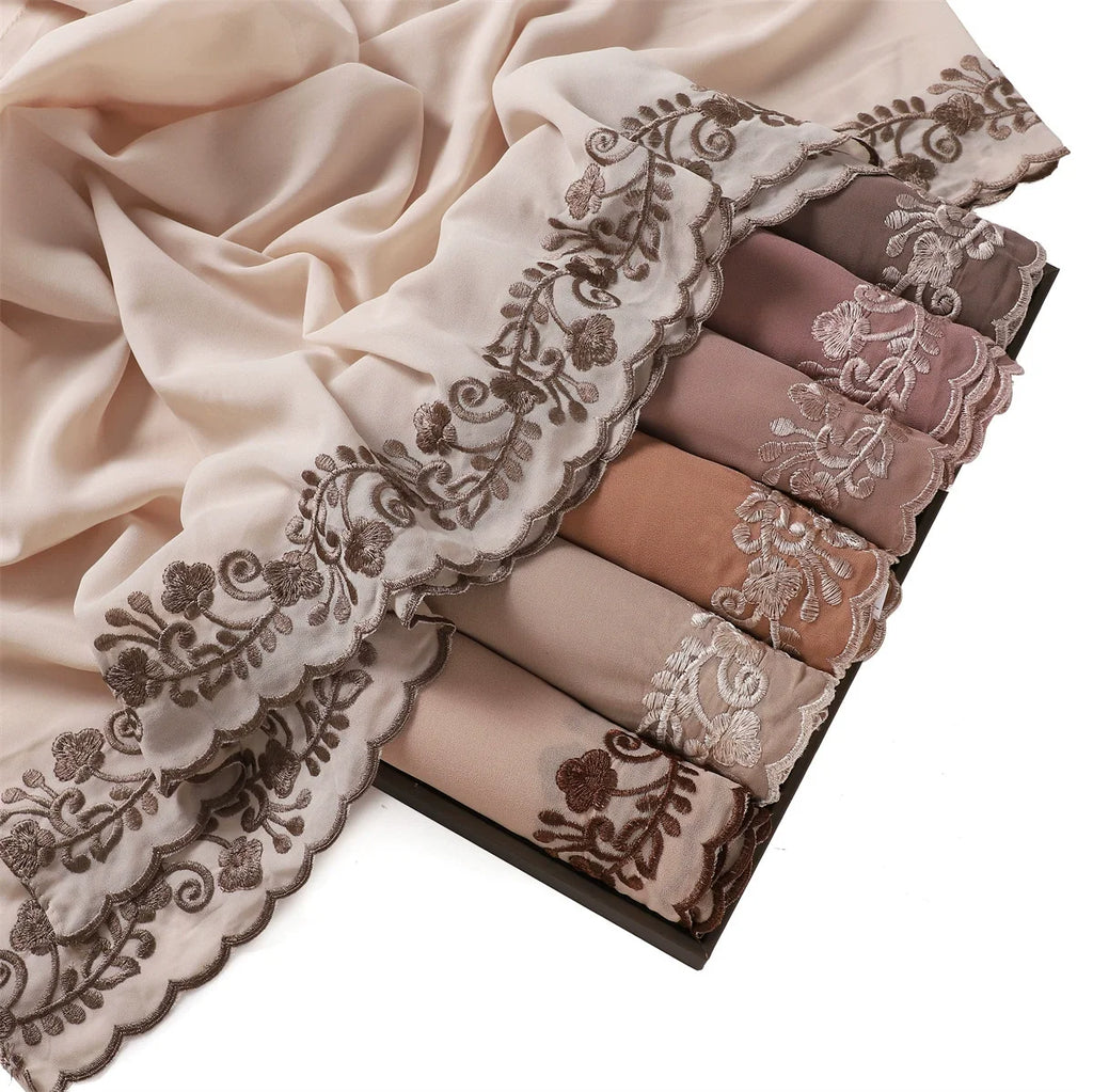 Embroidery Lace Chiffon Hijabs for women Vine Heavy Pearl Industry Edge Long Scarf Light Scarf Headscarf Shawl Turban Ramadan