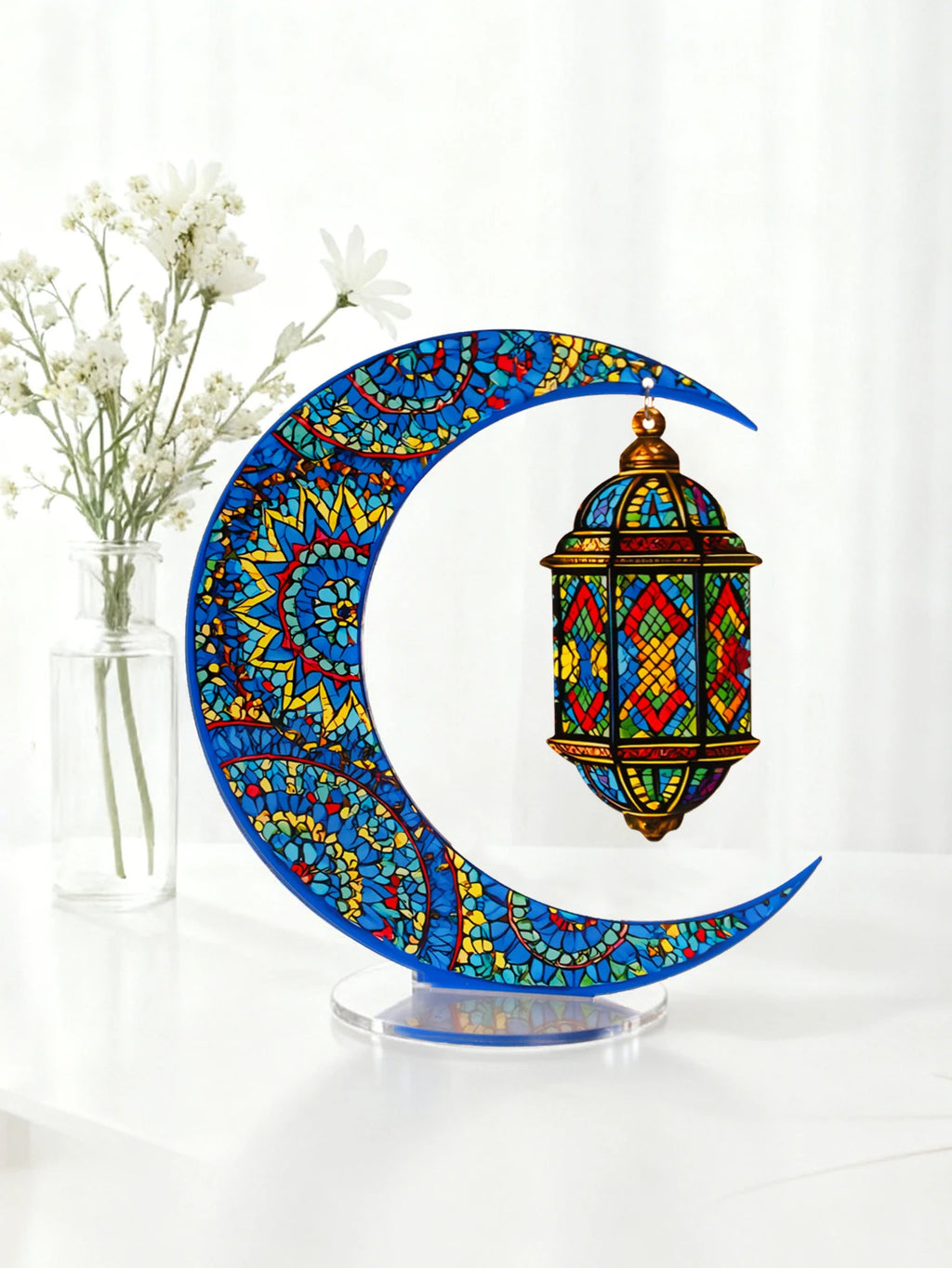 Ramadan Mubarak Decor Crescent Moon Table Ornaments with Lantern Pendant Islamic Eid Festival Home Decorations Muslim Party Gift