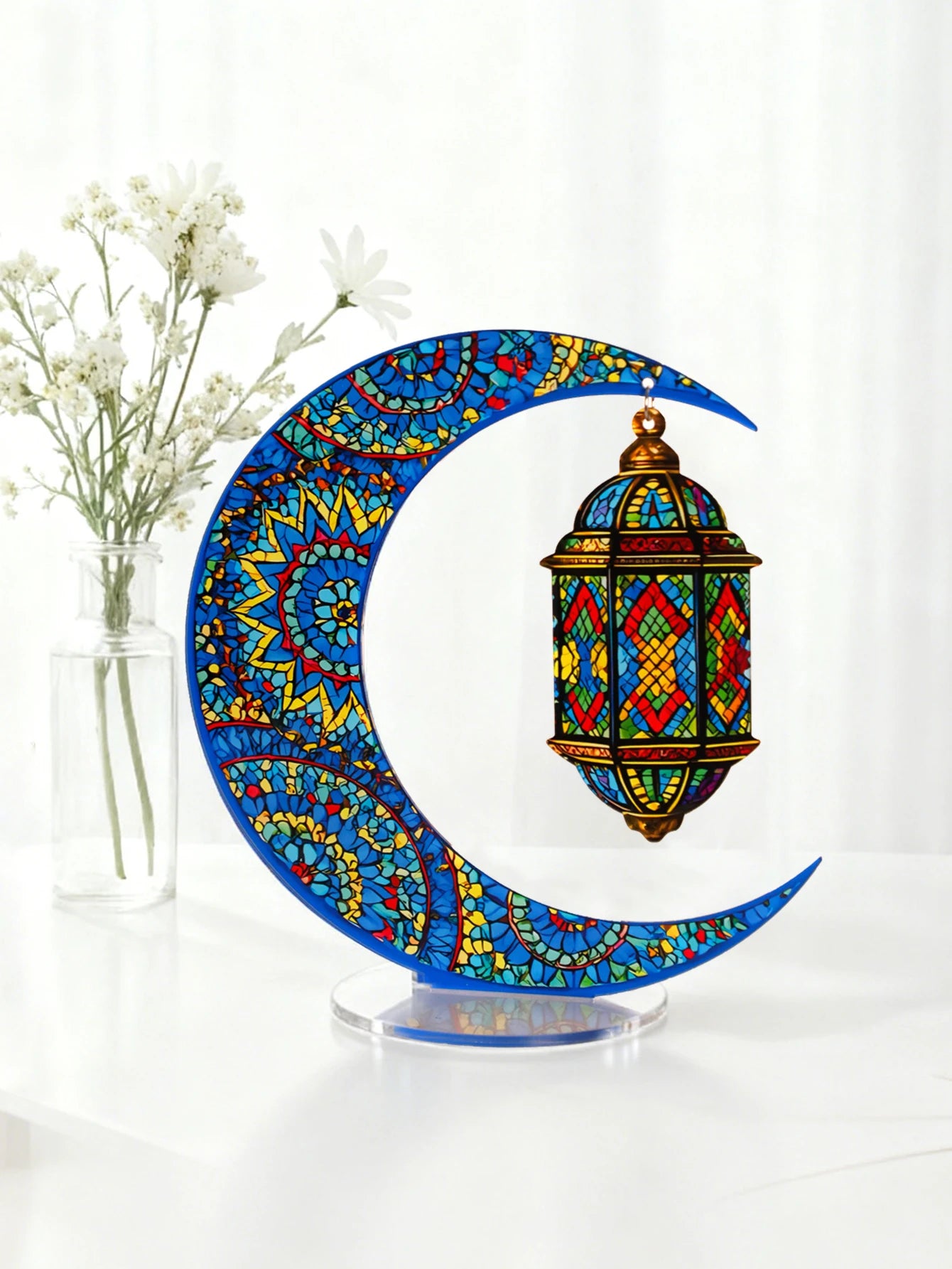 Ramadan Mubarak Decor Crescent Moon Table Ornaments with Lantern Pendant Islamic Eid Festival Home Decorations Muslim Party Gift