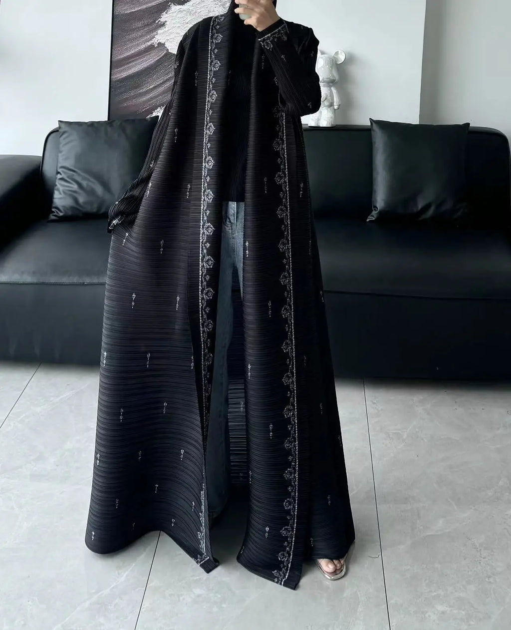 Miyake Pleated Women's Long Cardigan Windbreaker Coat Autumn New Ethnic Style Printing Loose Plus Size Dress Cloak Robe