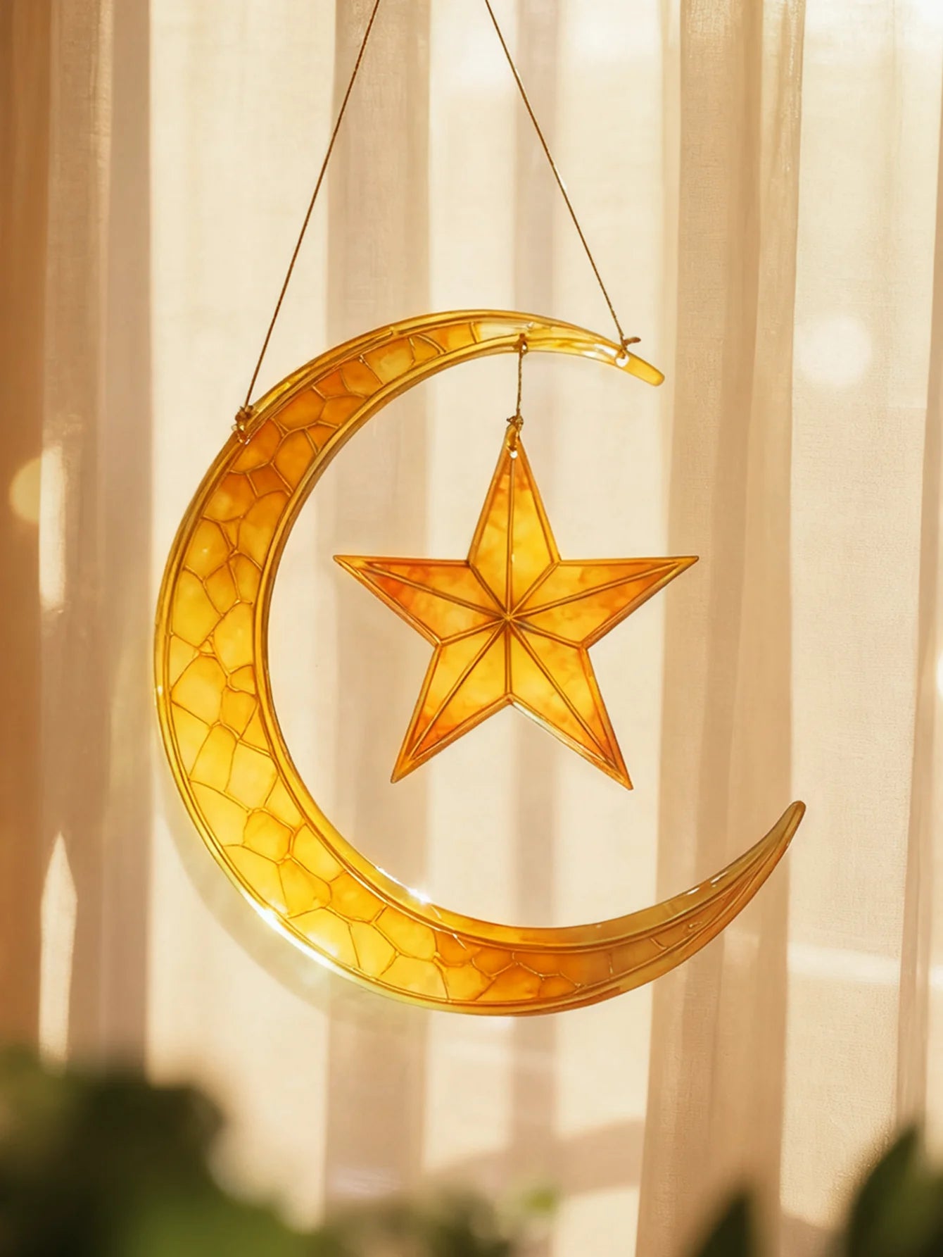 Islamic Moon Star Lantern Hanging Decor - Acrylic Eid Mubarak Ornament for Ramadan Kareem Muslim Festival Home Window Wall Decor
