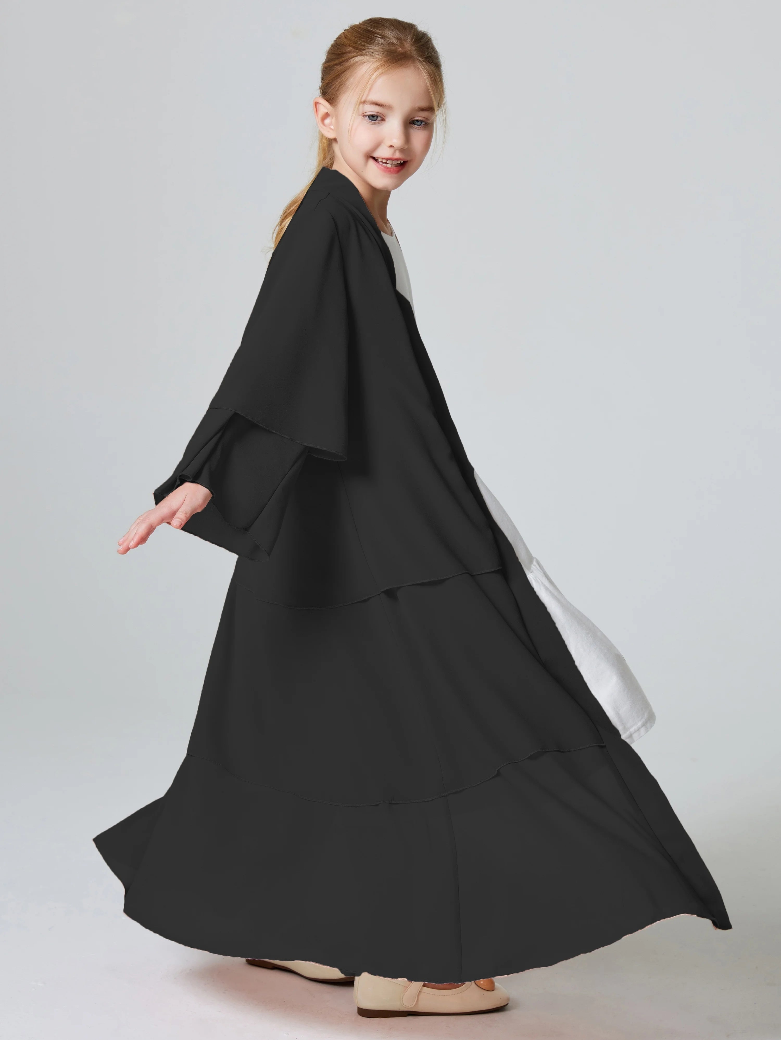 Ramadan Kebaya Muslim Girls Abaya 3 Layered Chiffon Kids Abaya Dress Open Front   Outerwear (Without Hijab)