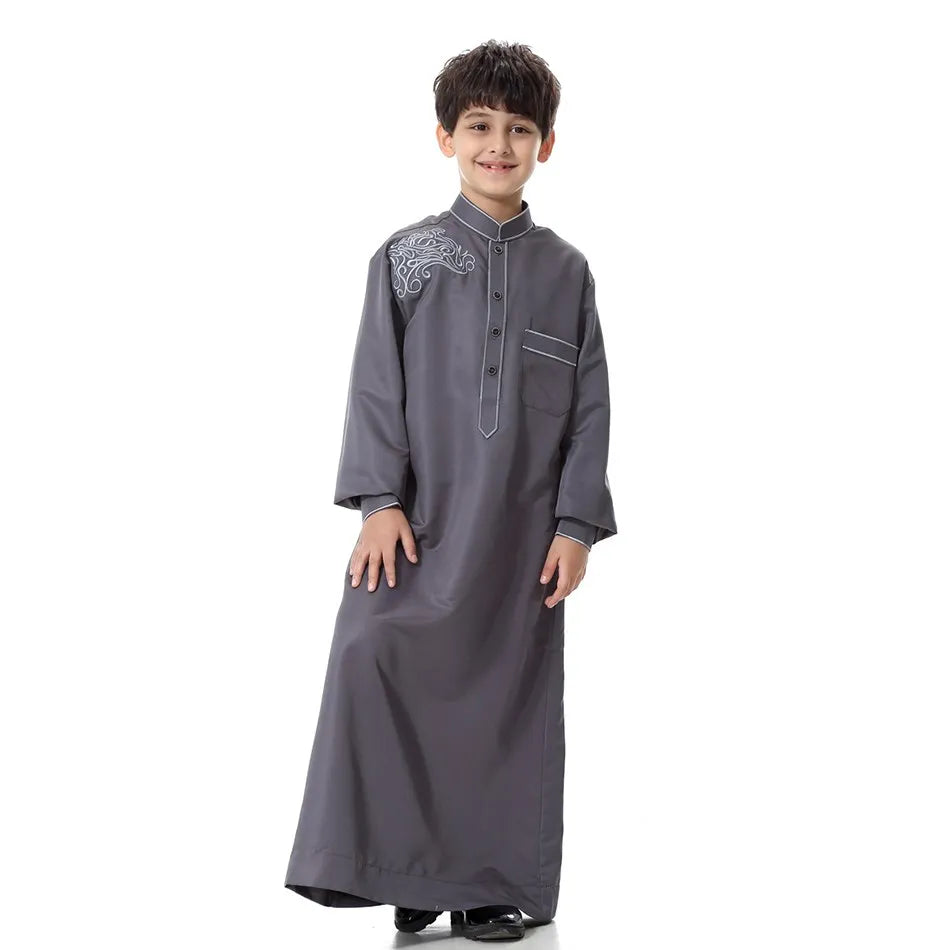2025 New Kids Robe Children Embroidery Outfit Boys Ramadan Thawb Teens Long Sleeve National Clothes Arab Muslim Thobe 5-12 Years