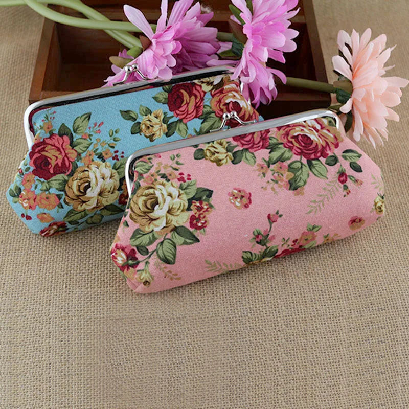 Women's Vintage Floral Pattern Coin Purse, Kiss-Lock Clutch Purse, Lightweight Wallet