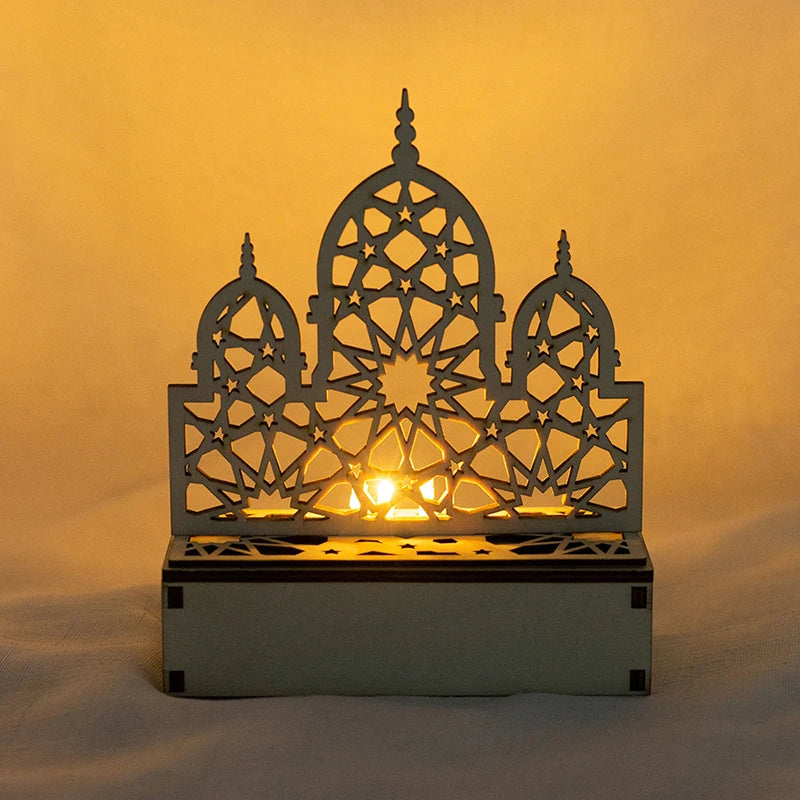 Eid Mubarak LEDLight Star Moon Pendant Wooden Candles Light Eid Desktop Ornament Ramadan Home Decor Muslim Party Decoration Gift