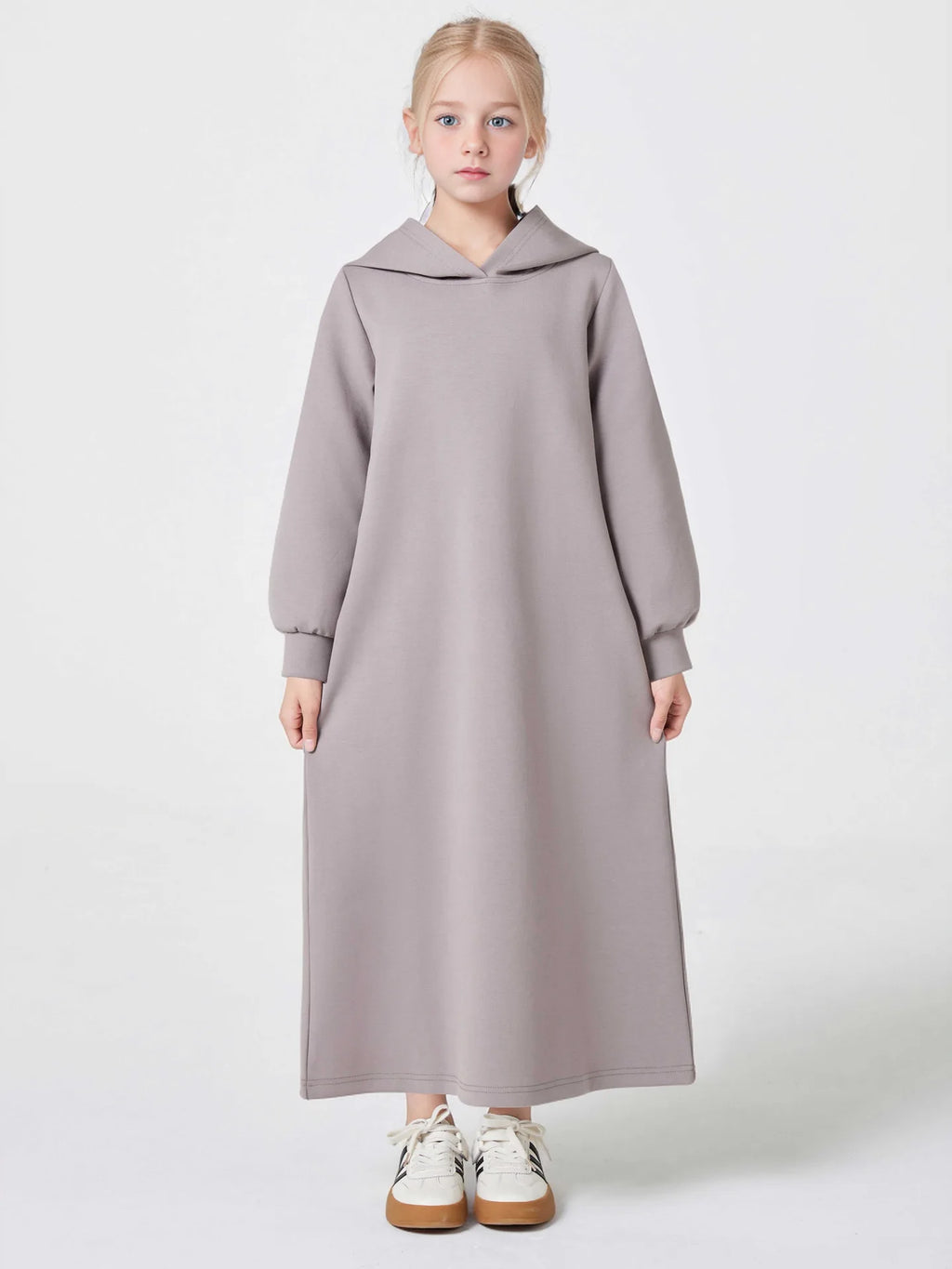 Middle East Muslim Fashion Abayas for Girls Solid Color Simple Hoodie Dress with Pocket Hooded Cuff Design Eid Ramadan Kids Robe