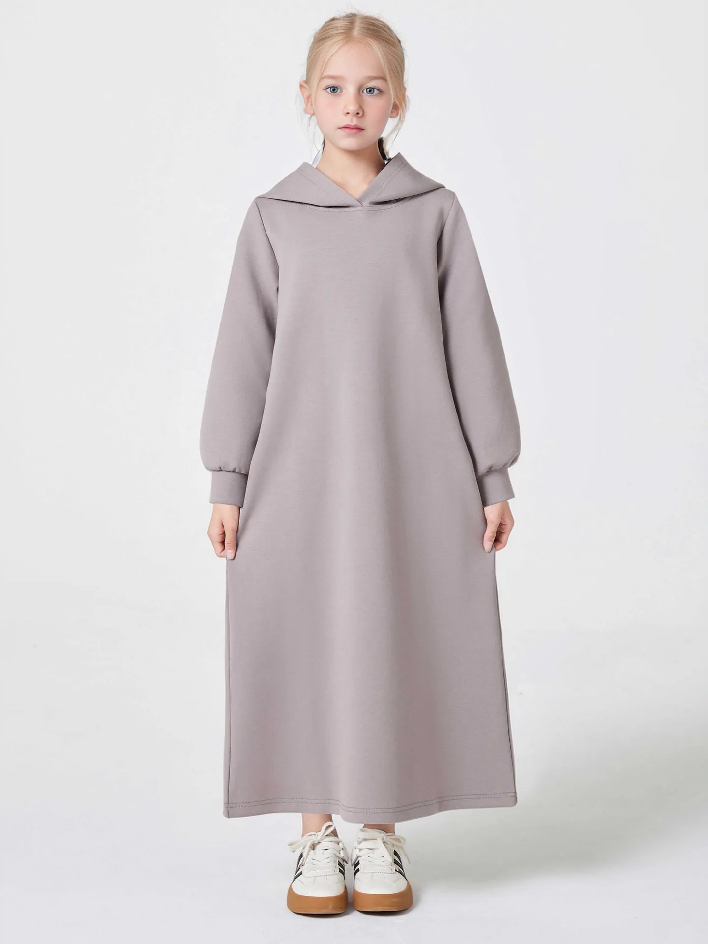 Middle East Muslim Fashion Abayas for Girls Solid Color Simple Hoodie Dress with Pocket Hooded Cuff Design Eid Ramadan Kids Robe