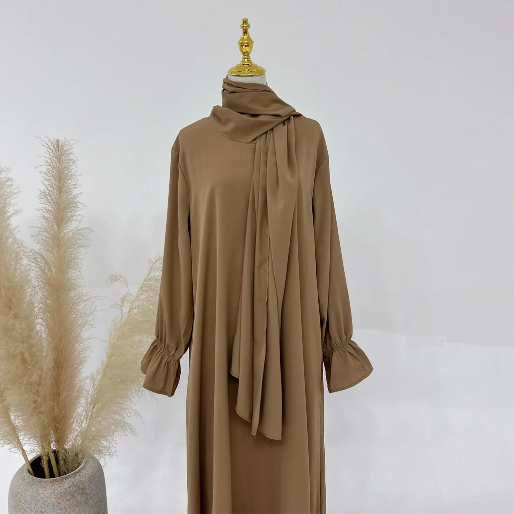 Eid Abaya with Integrated Hijab Scarf Zipper Front Islamic Jilbab One Piece Muslim Women Dress Prayer Clothes Dubai Ramadan