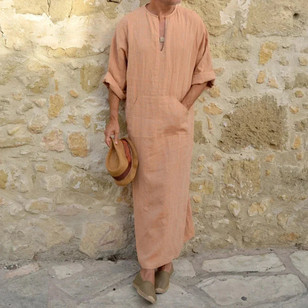 YUFEIDA Men Long Linen Jubba Thobe Kaftan Muslim Arab Islamic V-neck Long Sleeve Solid Cotton Linen Robe Muslim Arabia Man Abaya