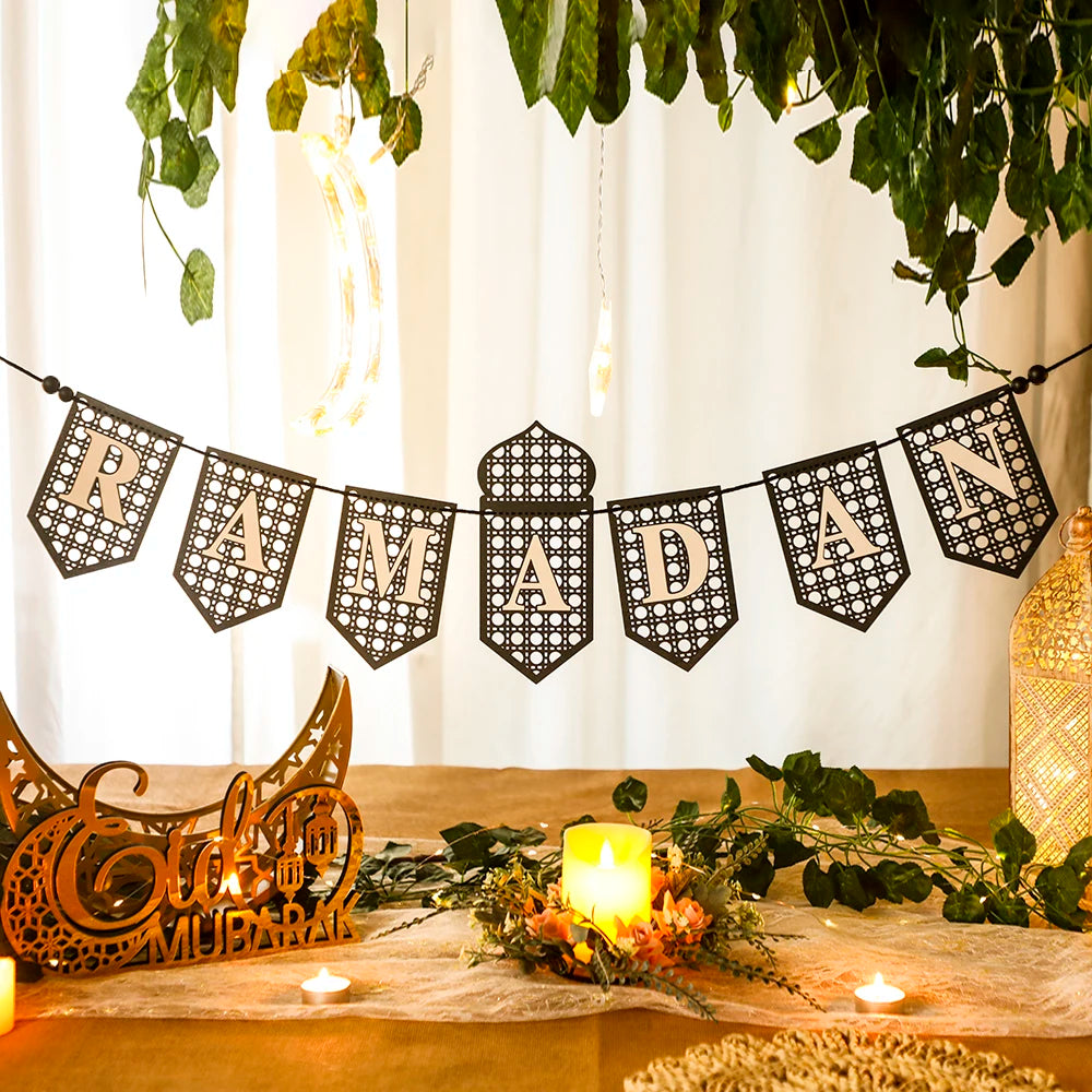 Ramadan Mubarak Banner - Hollow Lantern Hanging Garland for Islamic Muslim Eid Festival Home Party Ornament Wall Decor Supplies