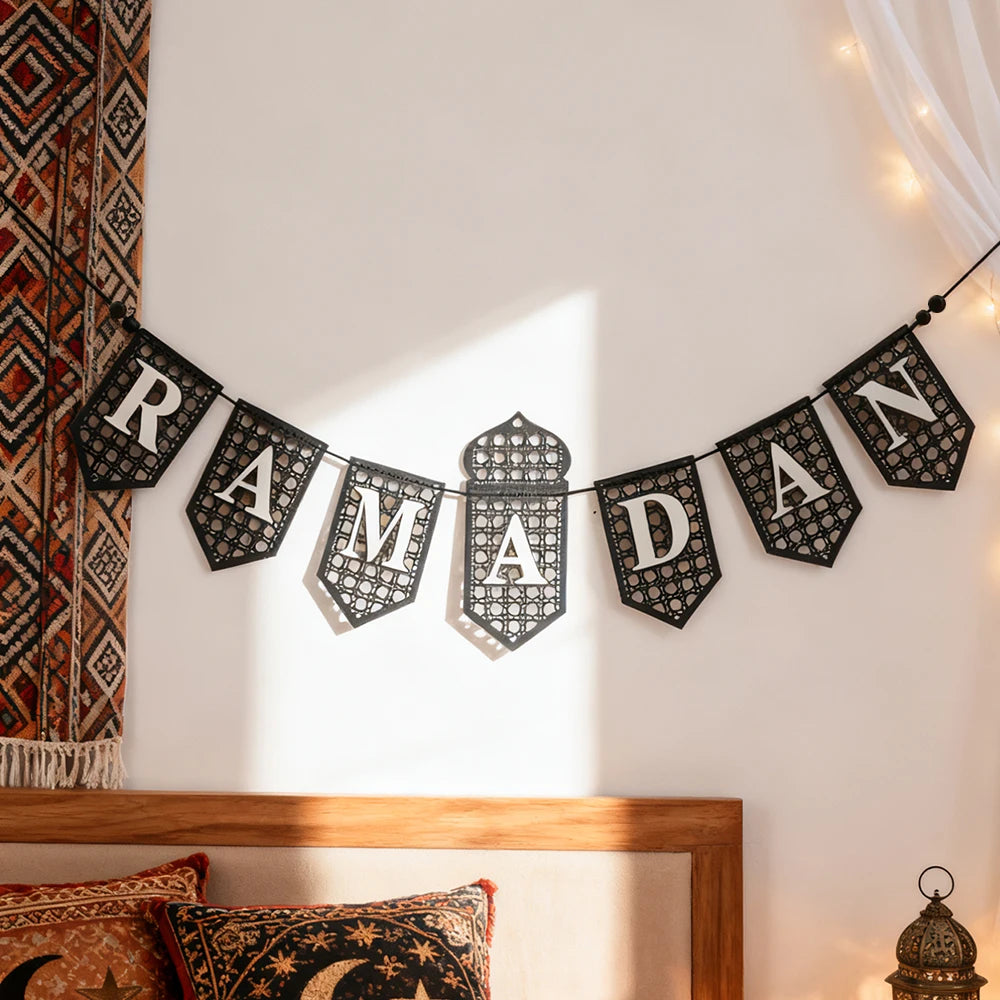 Ramadan Mubarak Banner - Hollow Lantern Hanging Garland for Islamic Muslim Eid Festival Home Party Ornament Wall Decor Supplies