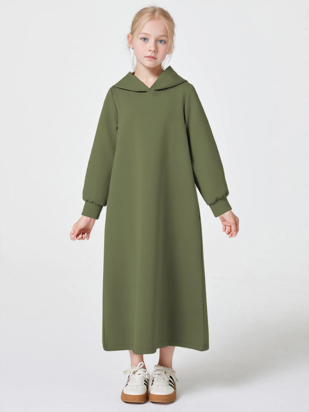 Middle East Muslim Fashion Abayas for Girls Solid Color Simple Hoodie Dress with Pocket Hooded Cuff Design Eid Ramadan Kids Robe