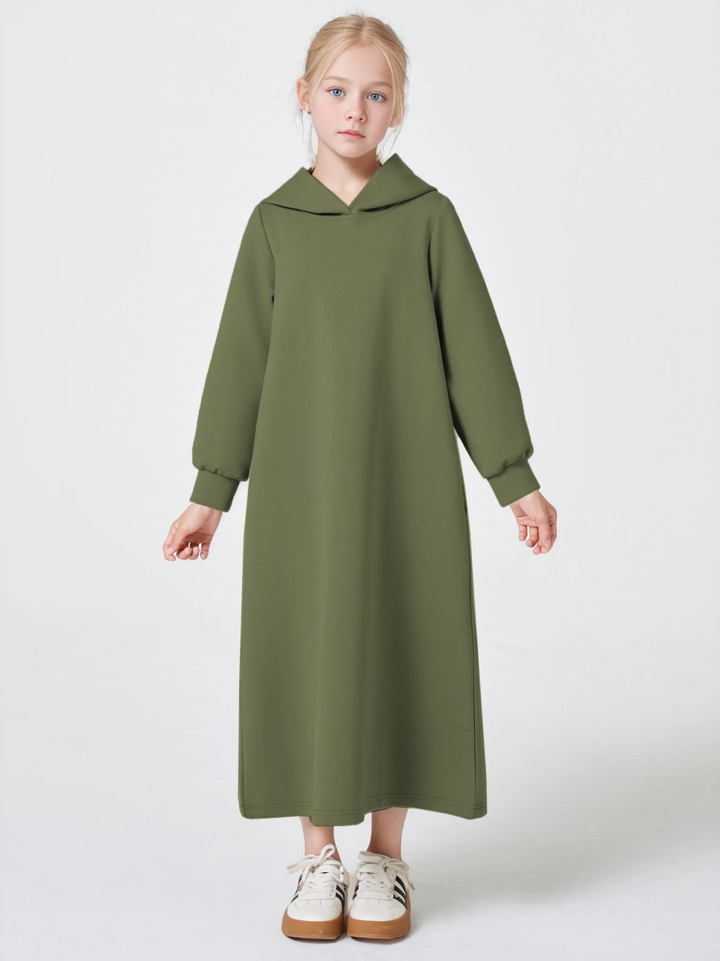 Middle East Muslim Fashion Abayas for Girls Solid Color Simple Hoodie Dress with Pocket Hooded Cuff Design Eid Ramadan Kids Robe
