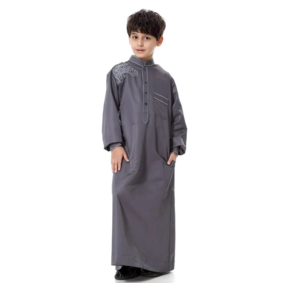 2025 New Kids Robe Children Embroidery Outfit Boys Ramadan Thawb Teens Long Sleeve National Clothes Arab Muslim Thobe 5-12 Years