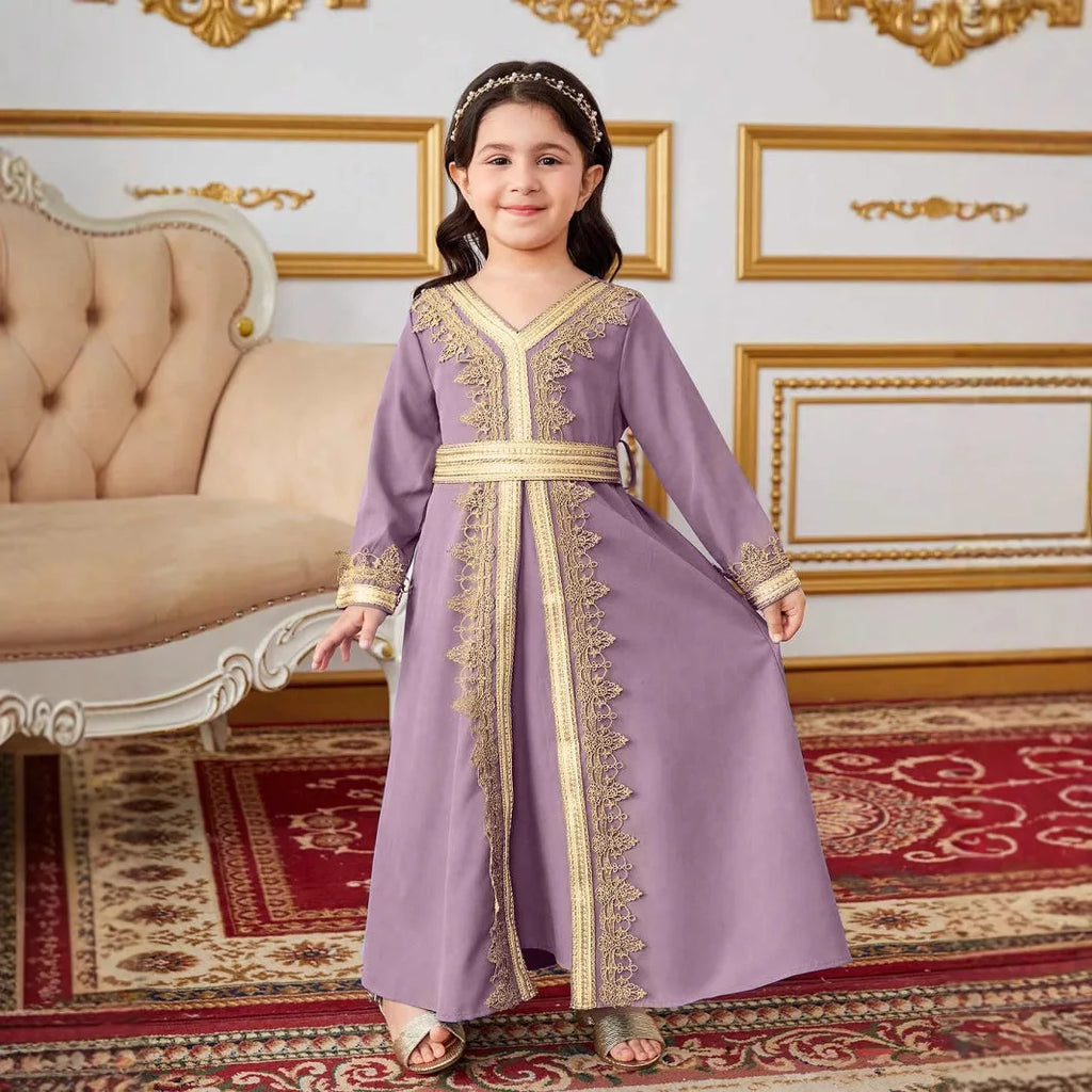 New Girl Ethnic Kaftan Dress Fashion Muslim Child Lace With Bow Belt Long Sleeves Dubai Banquet Gown Dress