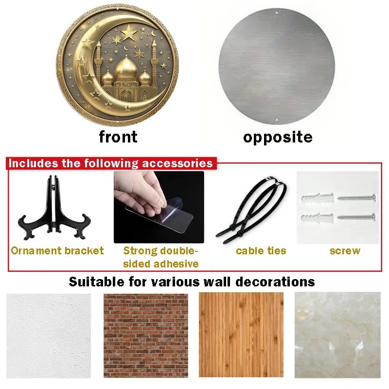 Metal Wall Sign for Islamic Crescent Moon and Stars, Aluminum Door Hanger, Weather-Resistant, HD Printed, Mosque Art Decor