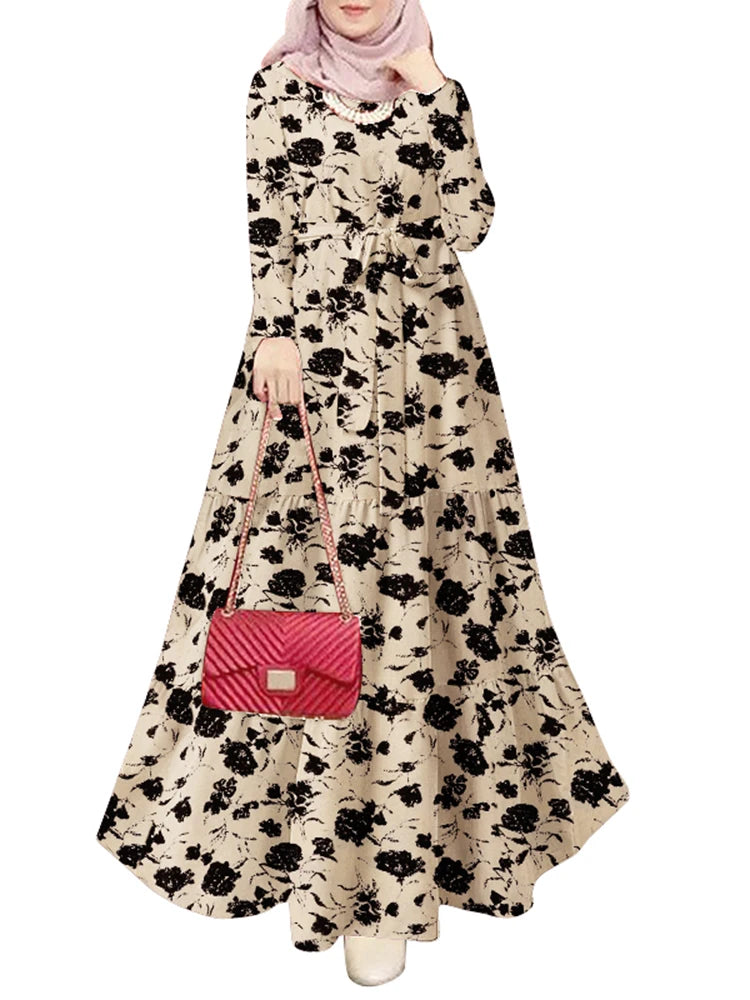 Women Autumn Long Sleeve Floral Printed Long Dress Turkey Abaya Eid Mubarek Robe IsIamic Hijab Vestidos
